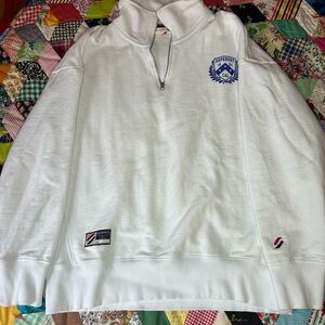 Superdry White quarter Zip-Up Sweater with Blue Emblem